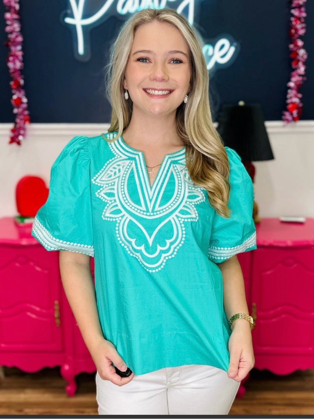 Oasis Turquoise Embroidered Scoop-Neck Tunic